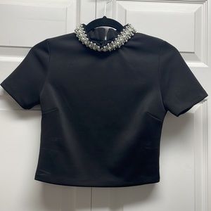 Aqua Crop Pearl and Crystal neckline top